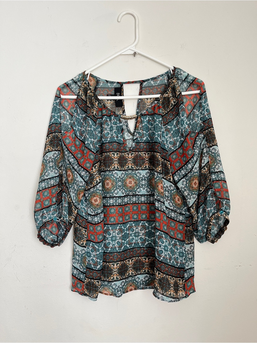 BCX women Bohemian Tunic Top size M light multicolor
